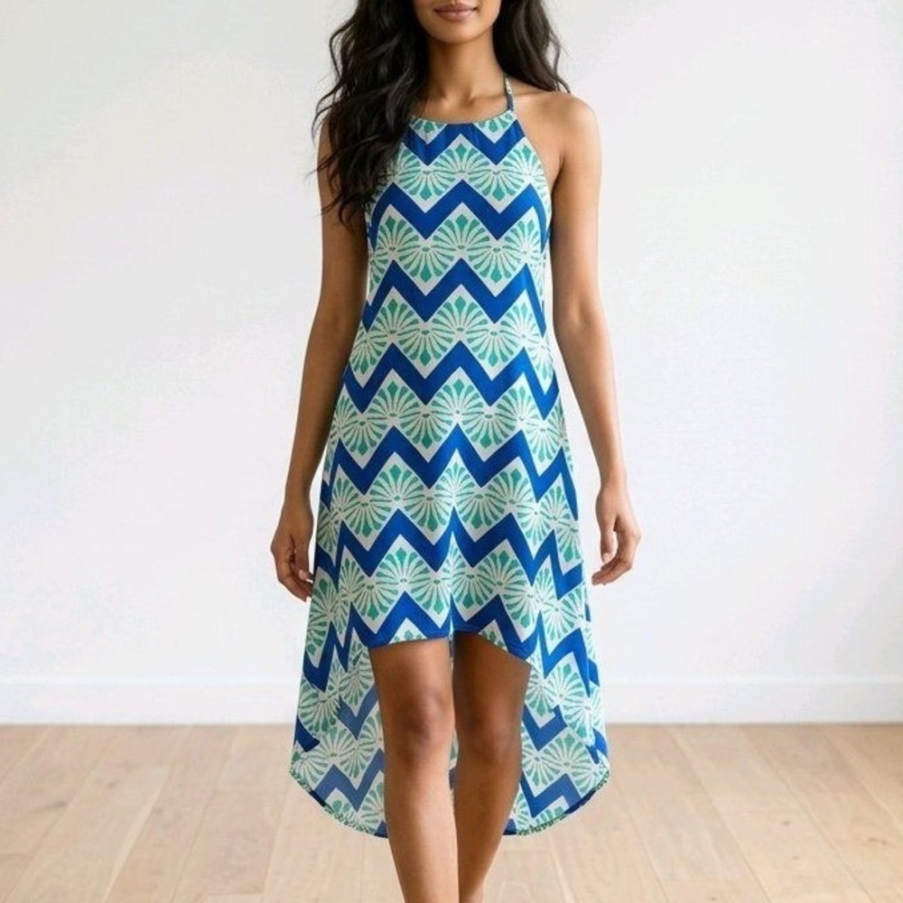Vestique Blue Teal Chevron Geometric High Low Halter Dress Womens Medium